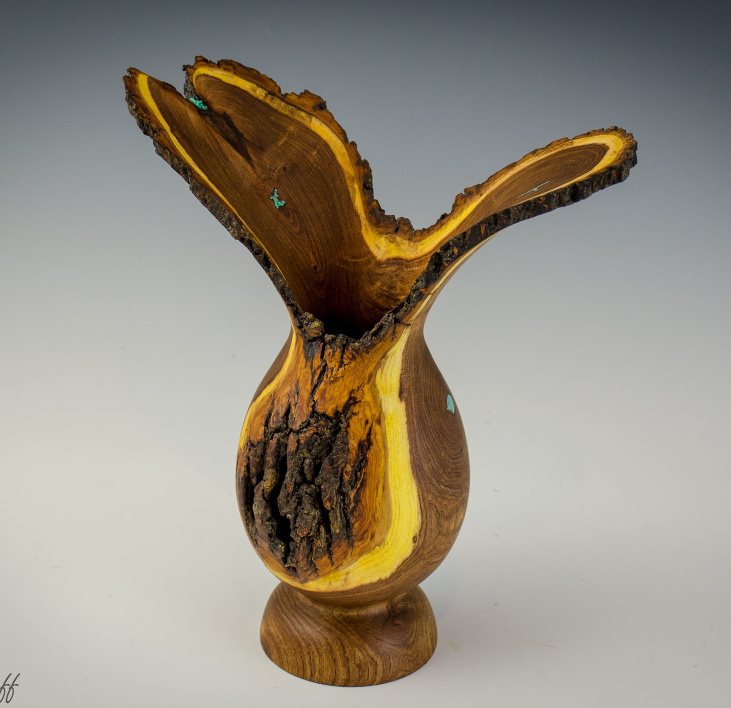 Handcrafted Mesquite Flying Vase with Turquoise Inlay