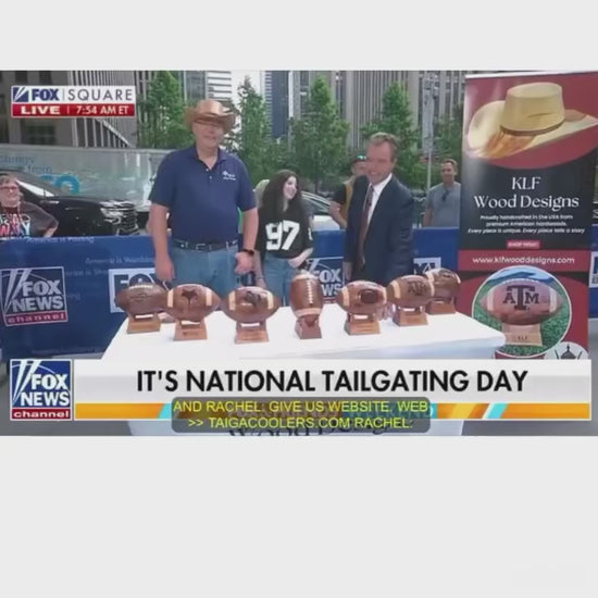 Handcrafted wooden football trophy with custom engraved stand and inlaid logo